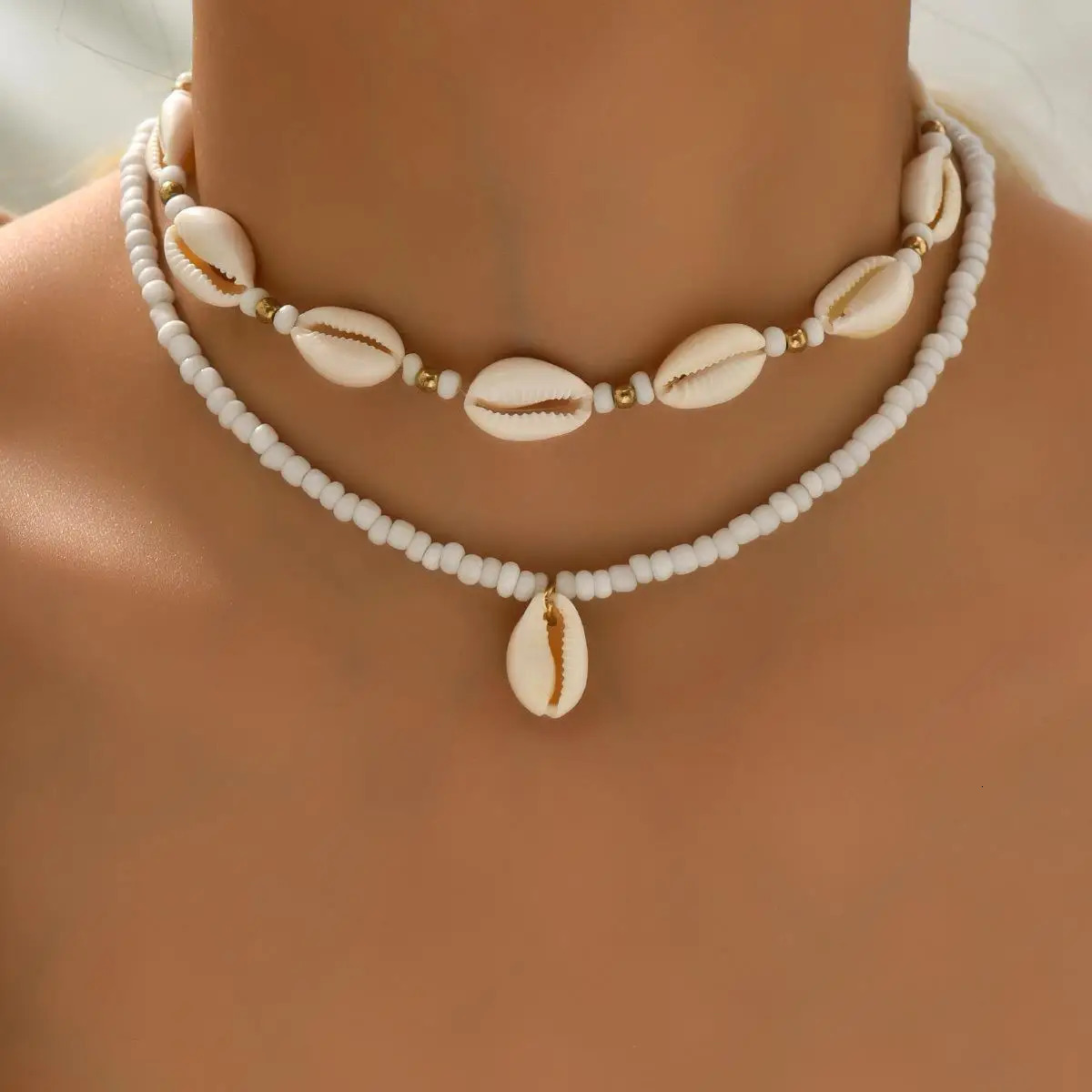2Pcs Bohemian Shell Necklace for Women Beach Style Rice Beads Choker for Vacation 250616