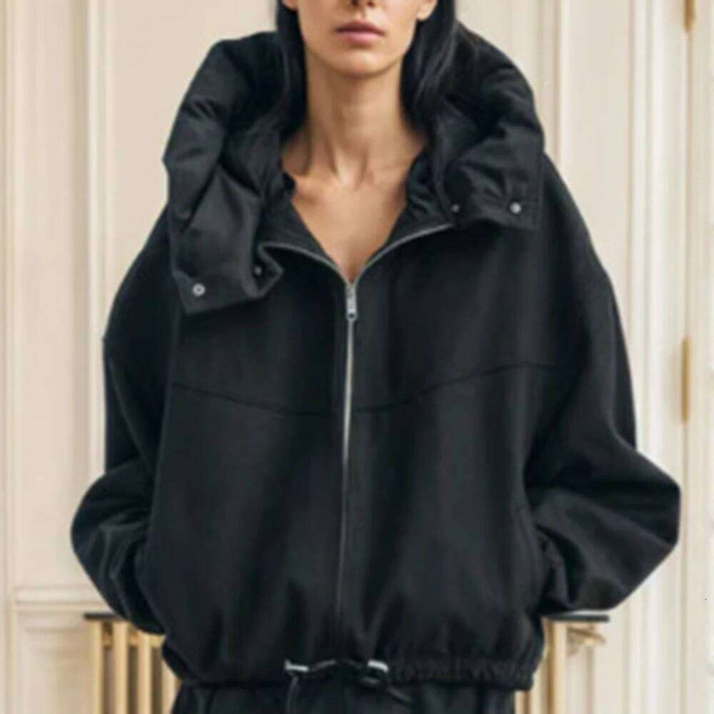 TWOTWINSTYLE Streetwear Casual Coats For Women Stand Collar Hooded Long Sleeve Patchwork Zipper Jackets Female Fashion Clothes