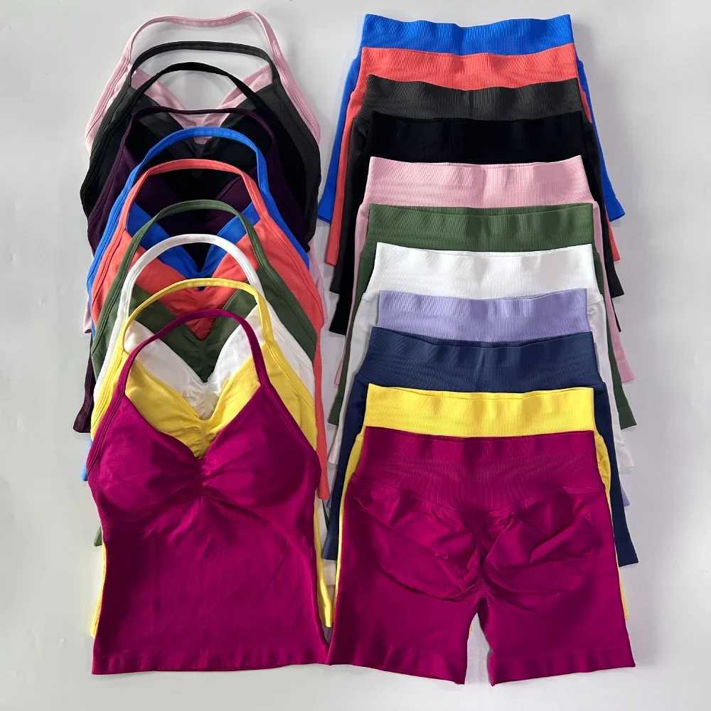 2 Pieces Impact Sports Set Women Backless Tank Tops High Waist Scrunch Seamless Shorts Sport Gym Set Sportswear Workout Set W250617