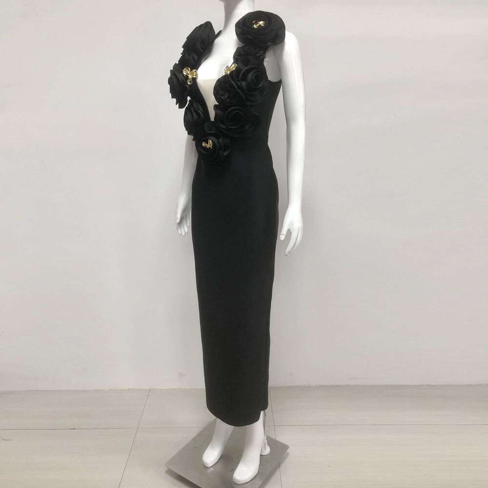 Spring/Summer New Fashion Sexy Sleeveless Floral Slim Waist Black Long Bandage Dress