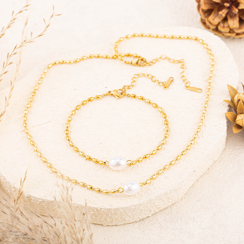 Fashion Round Pearl Necklace Bracelet for Women Stainless Steel Minimalist Style Exquisite Non-Fading Versatile Jewelry Set