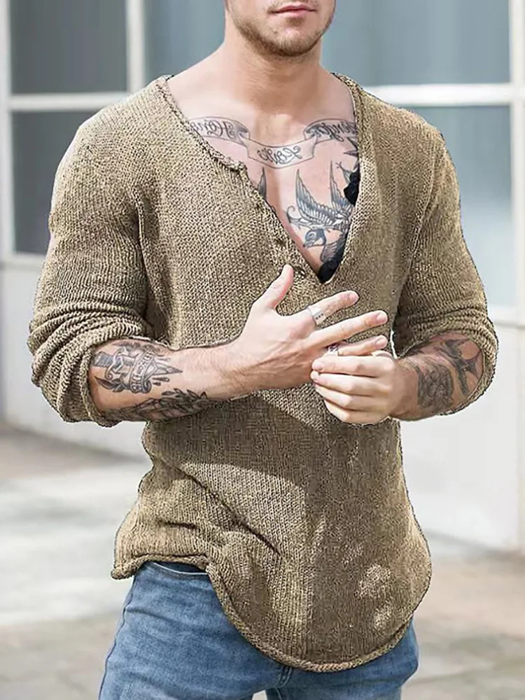 Men V Neck Streetwear Solid Basic Top Casual Loose Male Spring and Autumn Pullovers Simplicity Slim Fit Long Sleeve Thin Sweater 250616