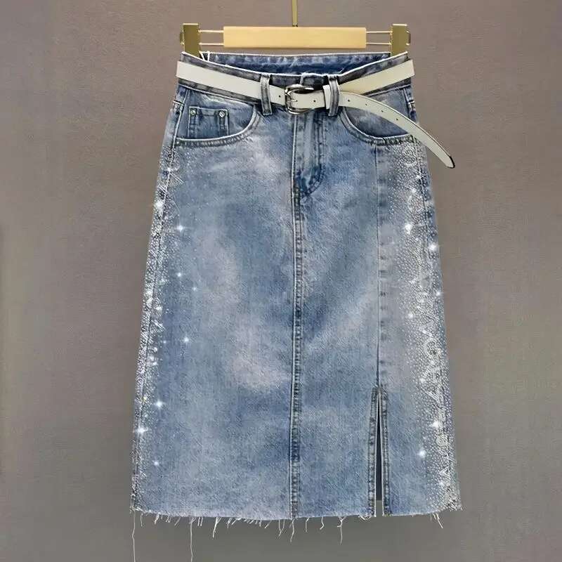 Wrap Jeans Skirts for Women Blue Midi with Slit Woman Denim Skirt High Waist Tight Korean Fashion Streetwear Clothing Trend 2025