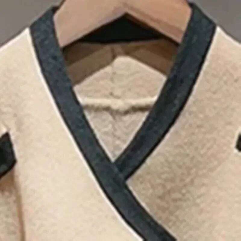 Fall Winter Women Color Patchwork Coat Double-sided Woolen Lace-up Temperament Female Stand Collar Jacket