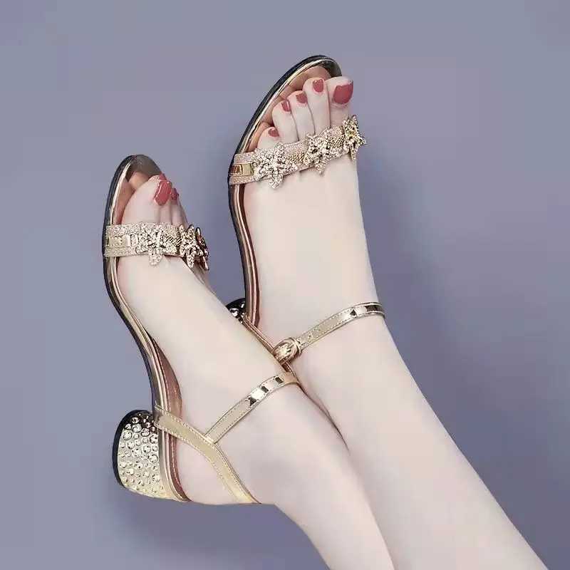 Ladies Shoes RhinESTones Open Toe With Medium Heels Womens Sandals Asian Size Comfortable and Elegant Sandal 2025 Shoe Z250617