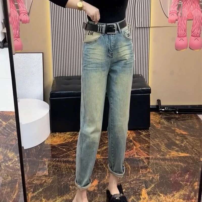 High Waist Shot Womens Pipe Jeans With Pockets and Capris Trousers Teenagers Medium Trend 2025 Cowboy Pants for Woman Shiny R Z