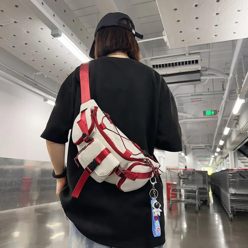 Outdoor Sport Hip Hop Techwear Tactical Chest Bag Men Women Green Red Ribbon Patchwork Multifunction Fanny Pack 250614
