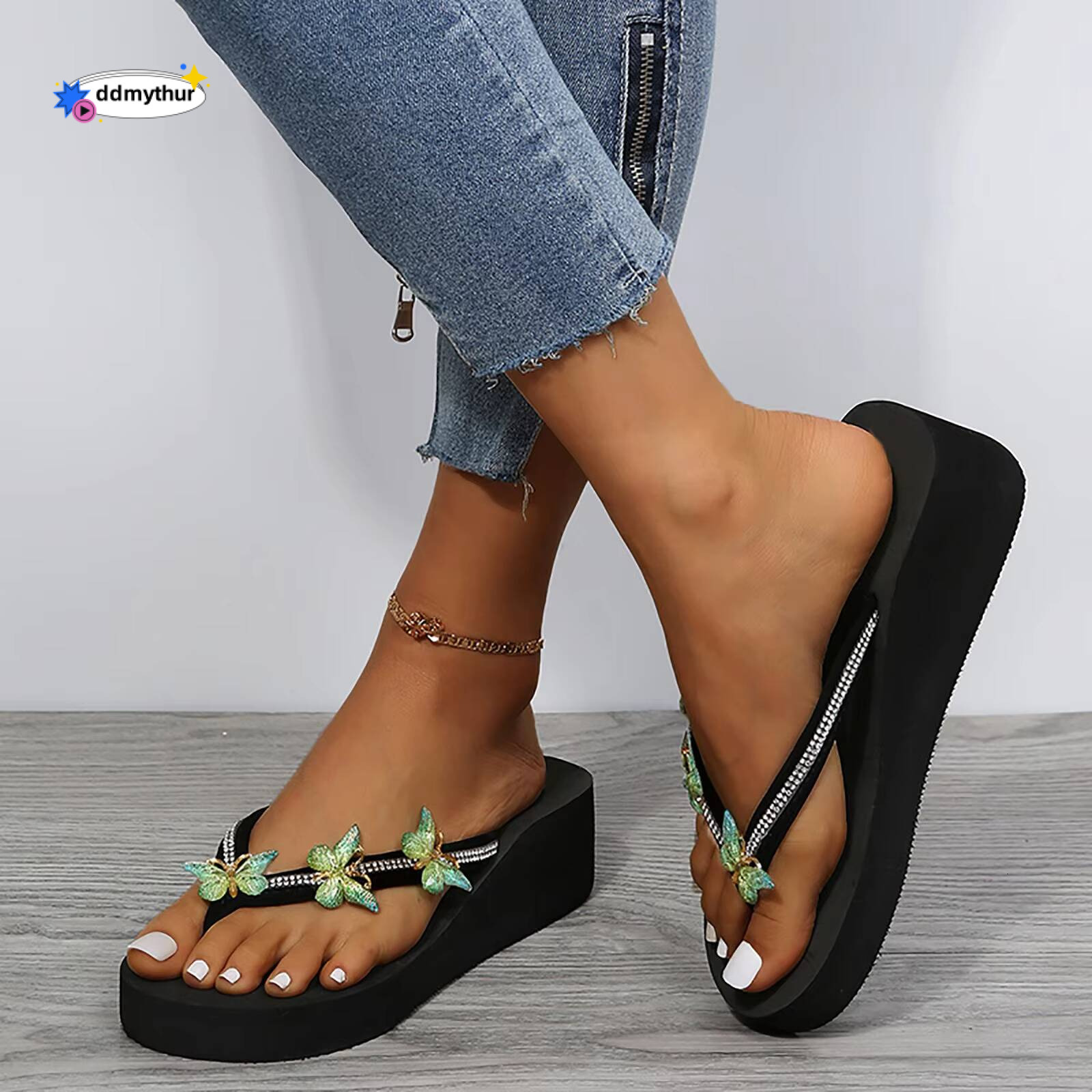 Ladies Fashion Summer Flip Flops Casual Rhinestone Butterfly Sandals Women Beach Vacation Crystal Non-Slip Platform Slippers ddmythur