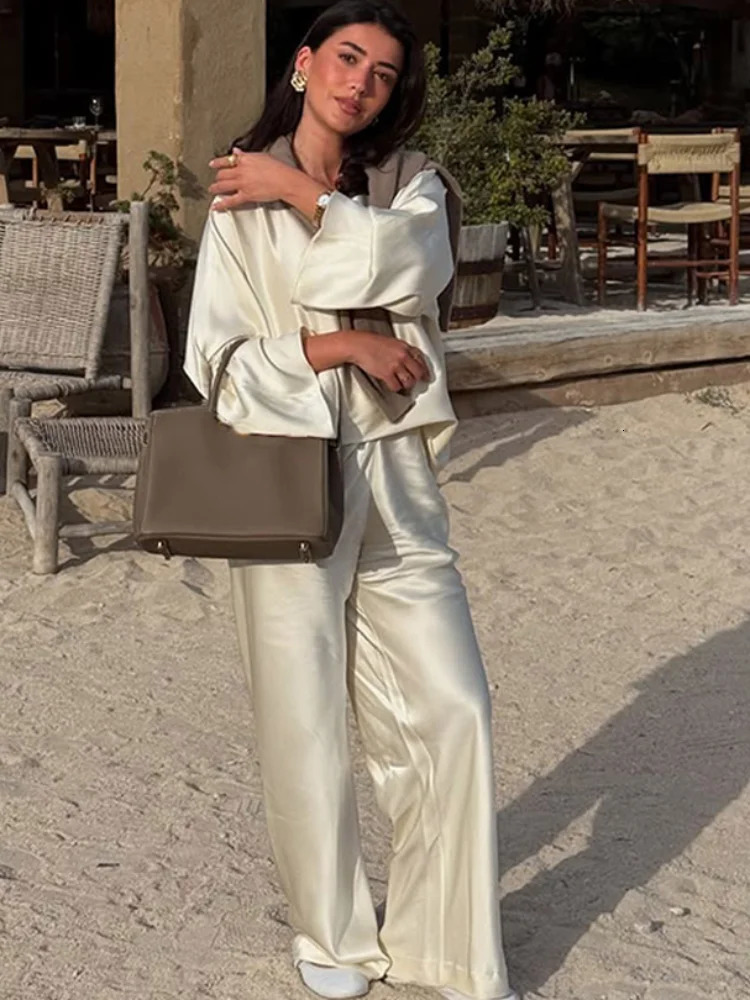 White Satin Long Pants Suit Women Elegant Full Sleeve Round Neck High Waist Loose 2-piece Set 2025 Summer Fashion Lady Wear 250616