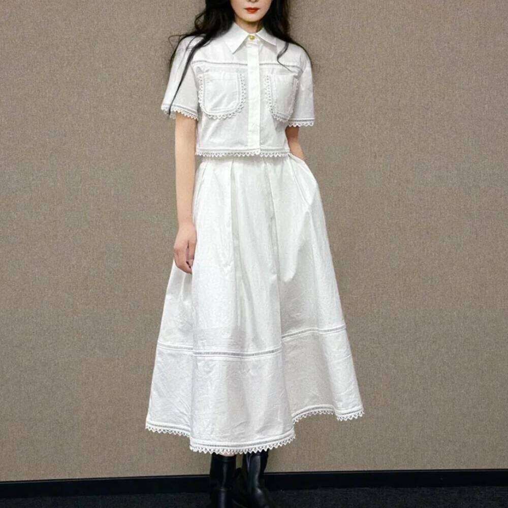 Designer Clothing 2025 Solid Two Piece Sets For Women Lapel Short Sleeve Shirt High Waist Spliced Folds Minimalist Set Female Fashion