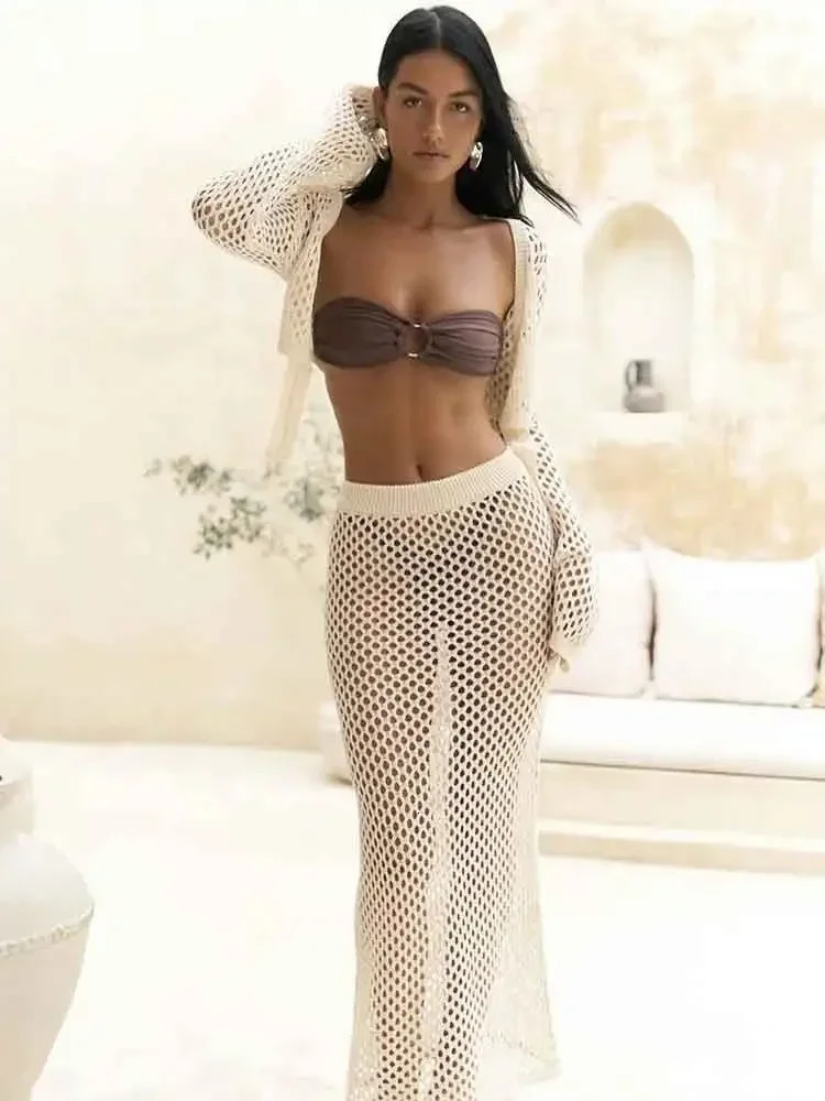 Sexy Knit Cut Out Two Piece Swimsuit Cover Up 2025 Summer Women Bell Sleeve Waist Tie Up Top Long Skirt Set Club Beach Dress K41 250616