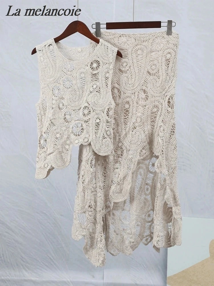 Crochet Knitted Irregular Top Skirts Set Woman Summer Sexy Sleeveless Tank Top High Waist Skirts Elegant Chic Outfit 250616