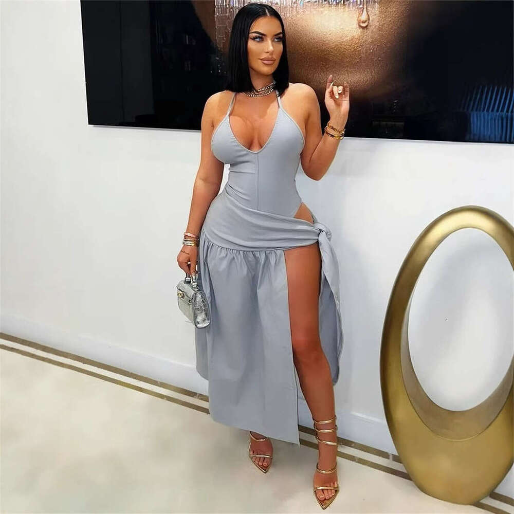 New Fashion Solid Color Slim Fit Sexy Deep V Tie Backless Split Long Strap Dress For Women B5