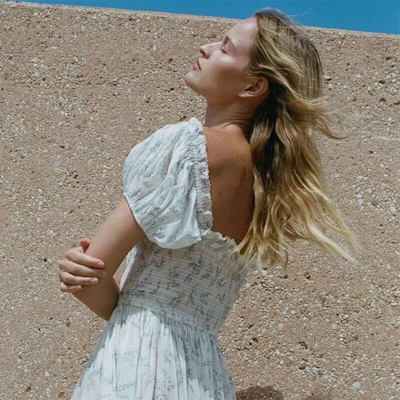 Women Dresses Wedding Guest Dress for Women Summer Dress N709 Summer 2025 Floral Cotton Short Sleeve Square Neck Loose French Vacation Mid-length Dres