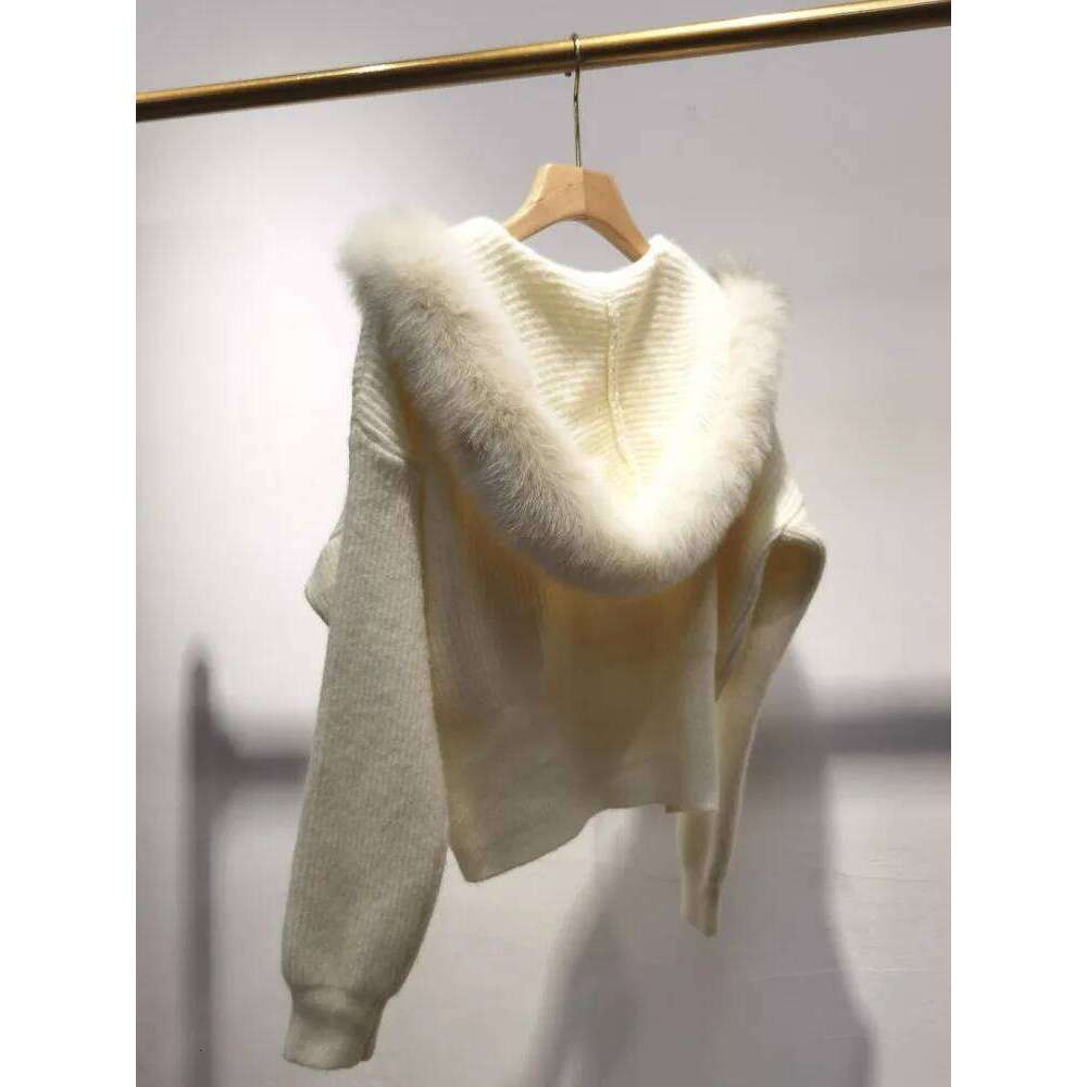 Autumn Winter New Women Knitted Jacket Elegant Ladies Real Fox Fur Collar Hooded Coat Single Breasted Slim Fit Knitwear Cardigan