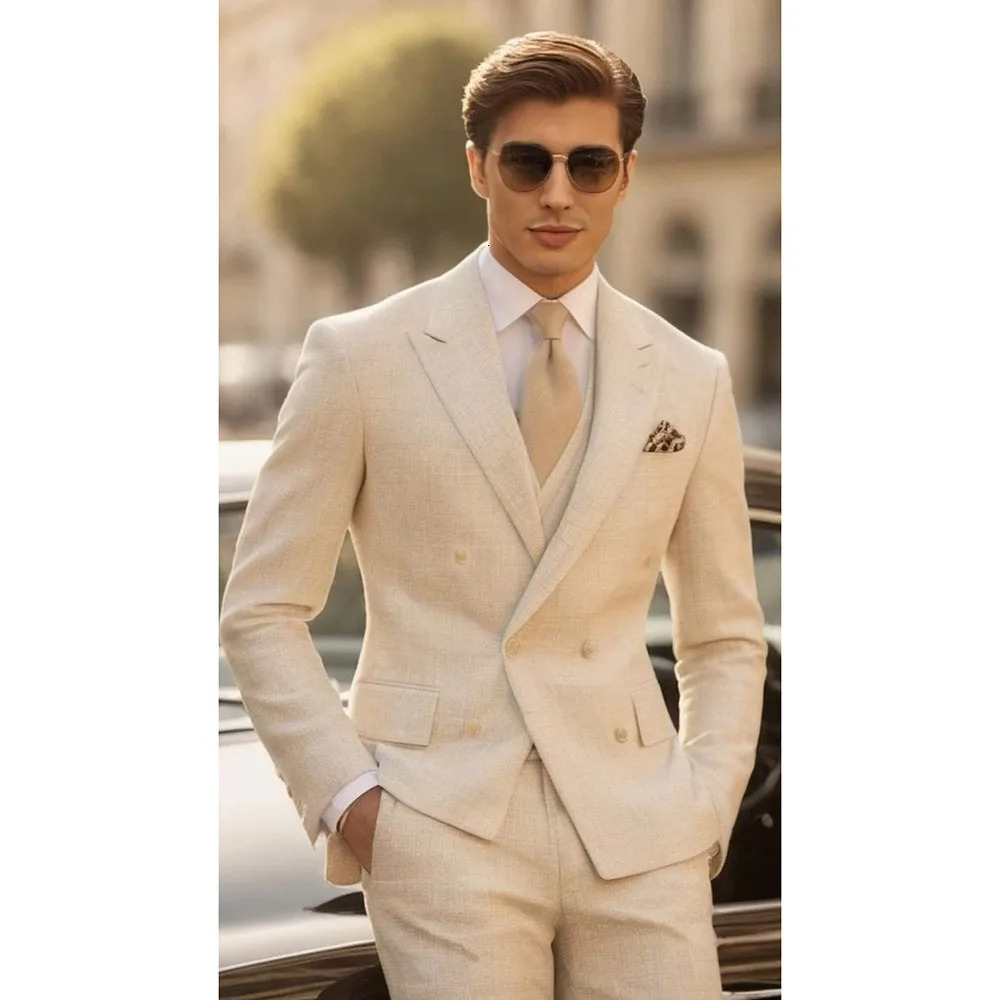 Beige Lapel Men Suits 3 Piece Summer Fashion Double Breasted Formal Clothing Smart Casual Wedding Suit BlazerVestPants 250613Z