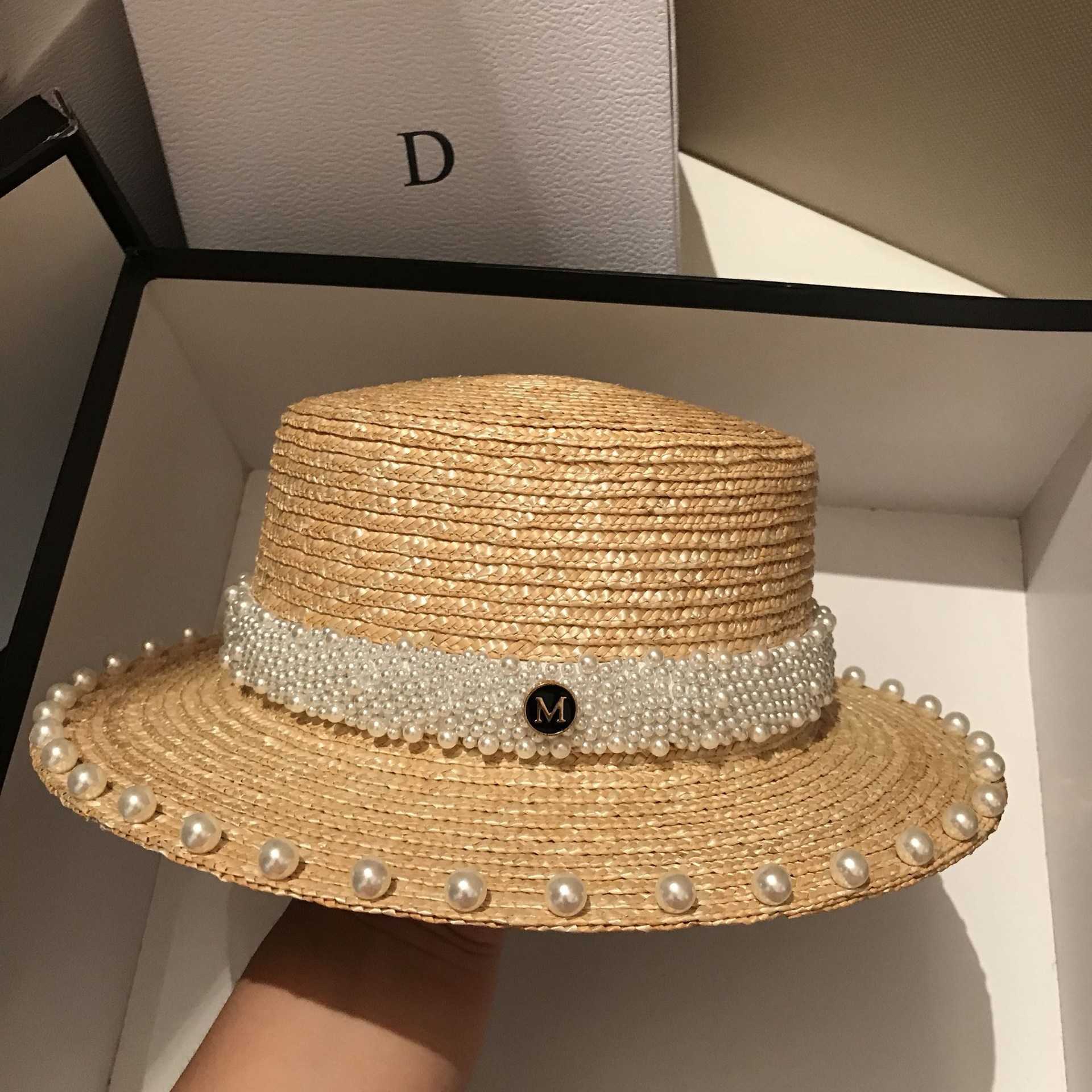 Japanese Internet Celebrity Pearl Straw Hat for Women Summer Beach Sunshade Sun Protection Sun Hat Travel Vacation Flat Top Hat 250615