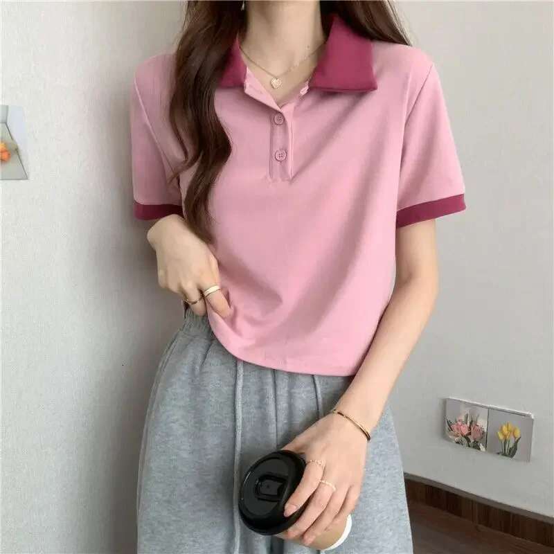 Summer Outfit Womens Polo Shirts Slim Female Tee Y2k Fashion Youthful Elegant Korean Clothing Casual Tops Synthetic T-shirts