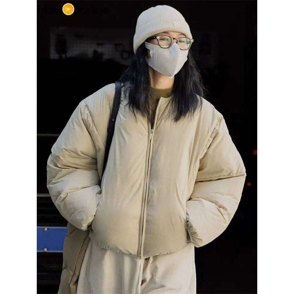 HanOrange 2024 New Year Capsule Casual Air Short Padded Jacket Women Loose Puffy Warm Parkas Female Black/Light Apricot