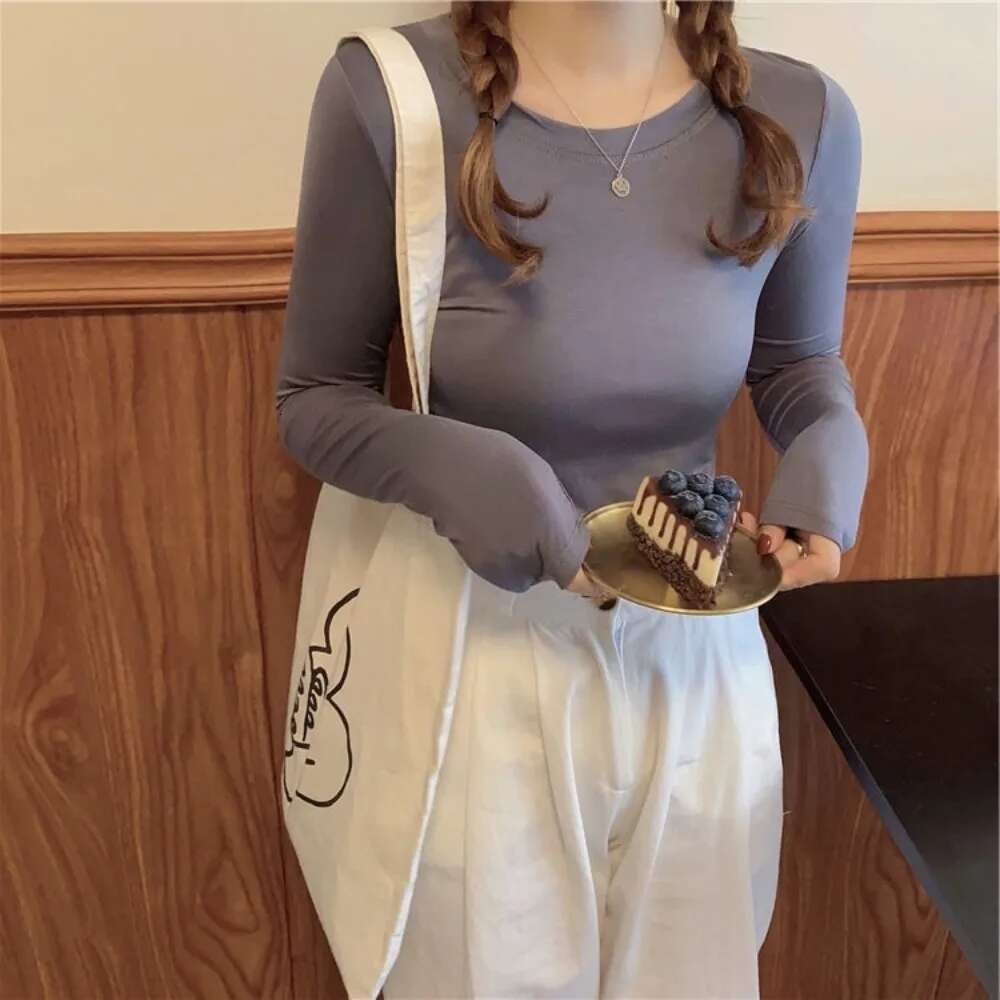 Fitted Slim Blue 2Original Long Sleeve Pulovers High Quality Plain T-shirt Woman Tees Clothing Causal Womens Top Sale Youth O