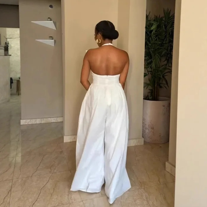 Three Sisters Summer Style Sexy Elegant Backless V-neck Slimming Solid Color Wide Leg Jumpsuit Sexy Outfits Women 250617
