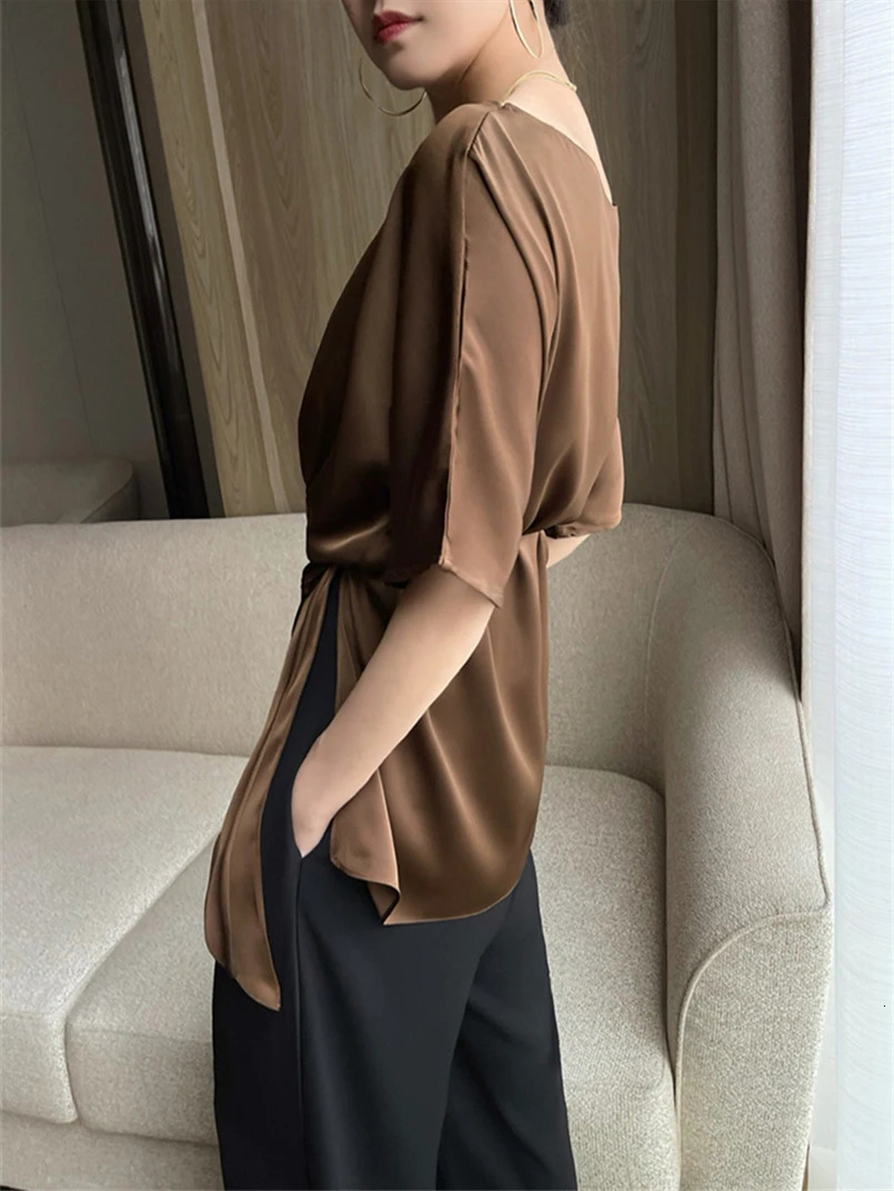 Half Sleeve Chic Woman Blouse Summer Tops Belt Irregular Womens shirt Blouses seda blouse blusas elegantes femeninas 250614