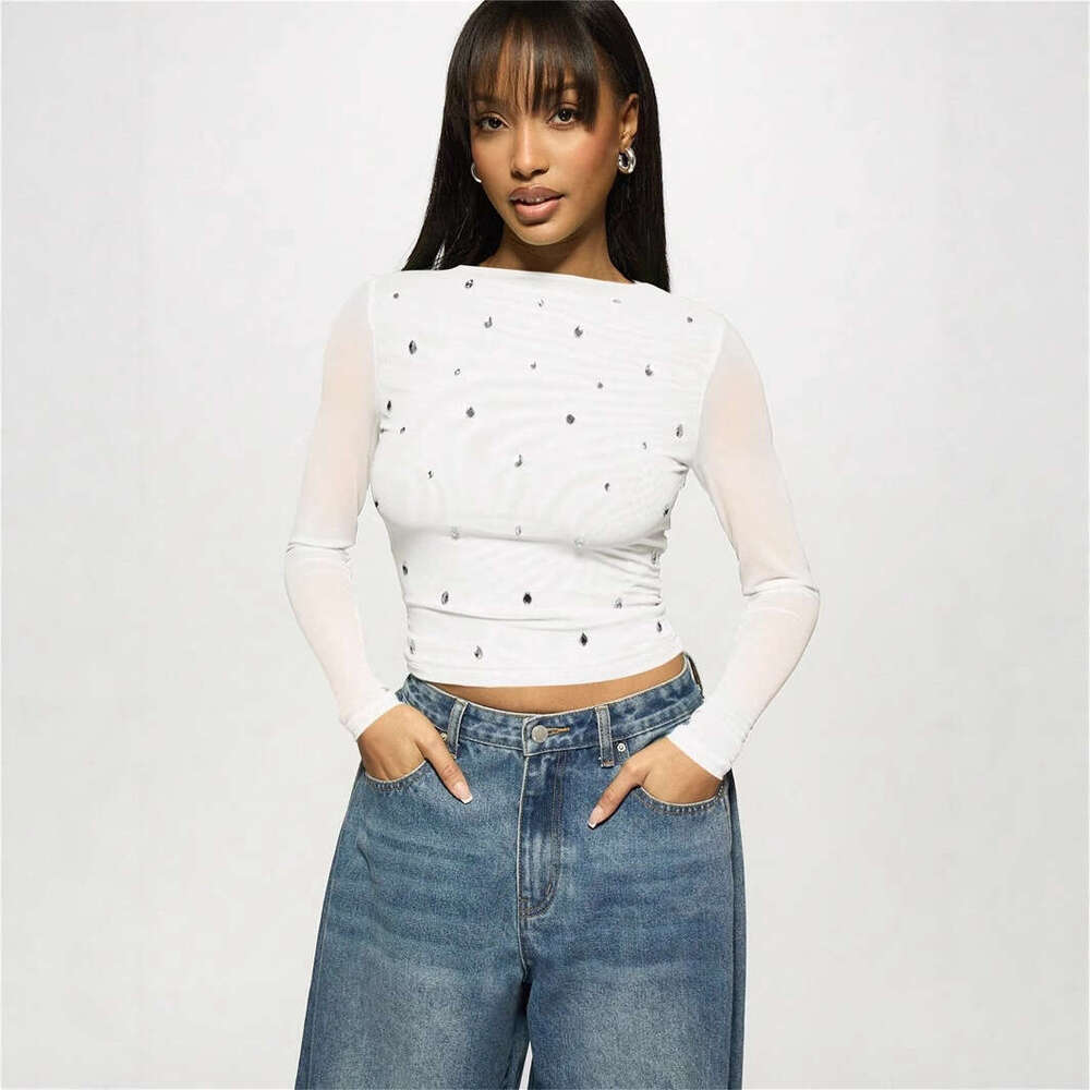 New Women's Fashion Casual Printed Slim Fit Mesh Semi-Transparent Hollow Long Sleeve T-Shirt B5