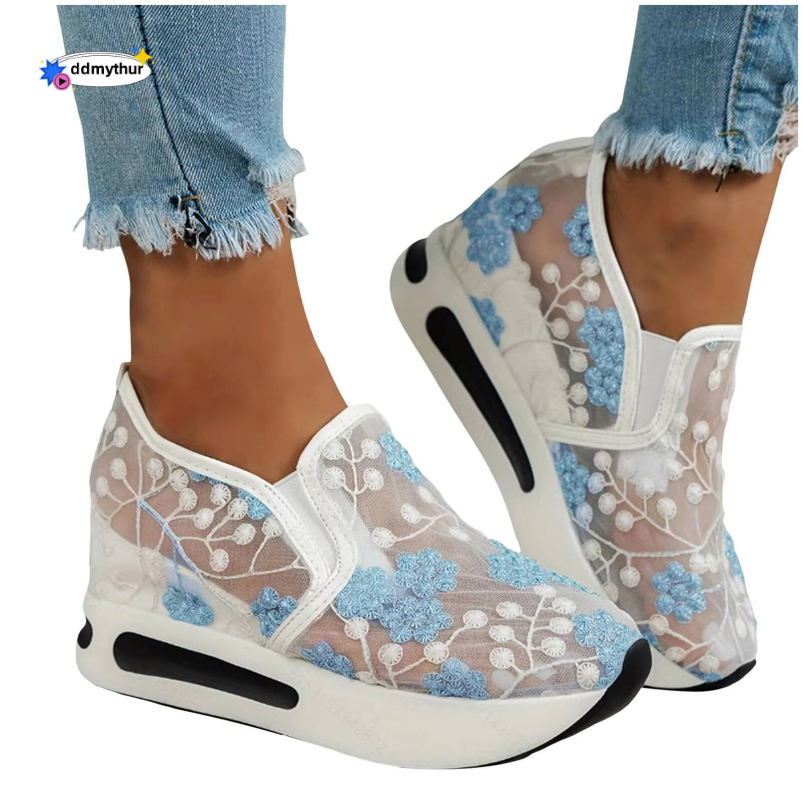 Sneakers Ladies Fashion Breathable Lace Mesh Flower Embroidery Round Head Thick Bottom Women'S Summer Footwear ddmythur