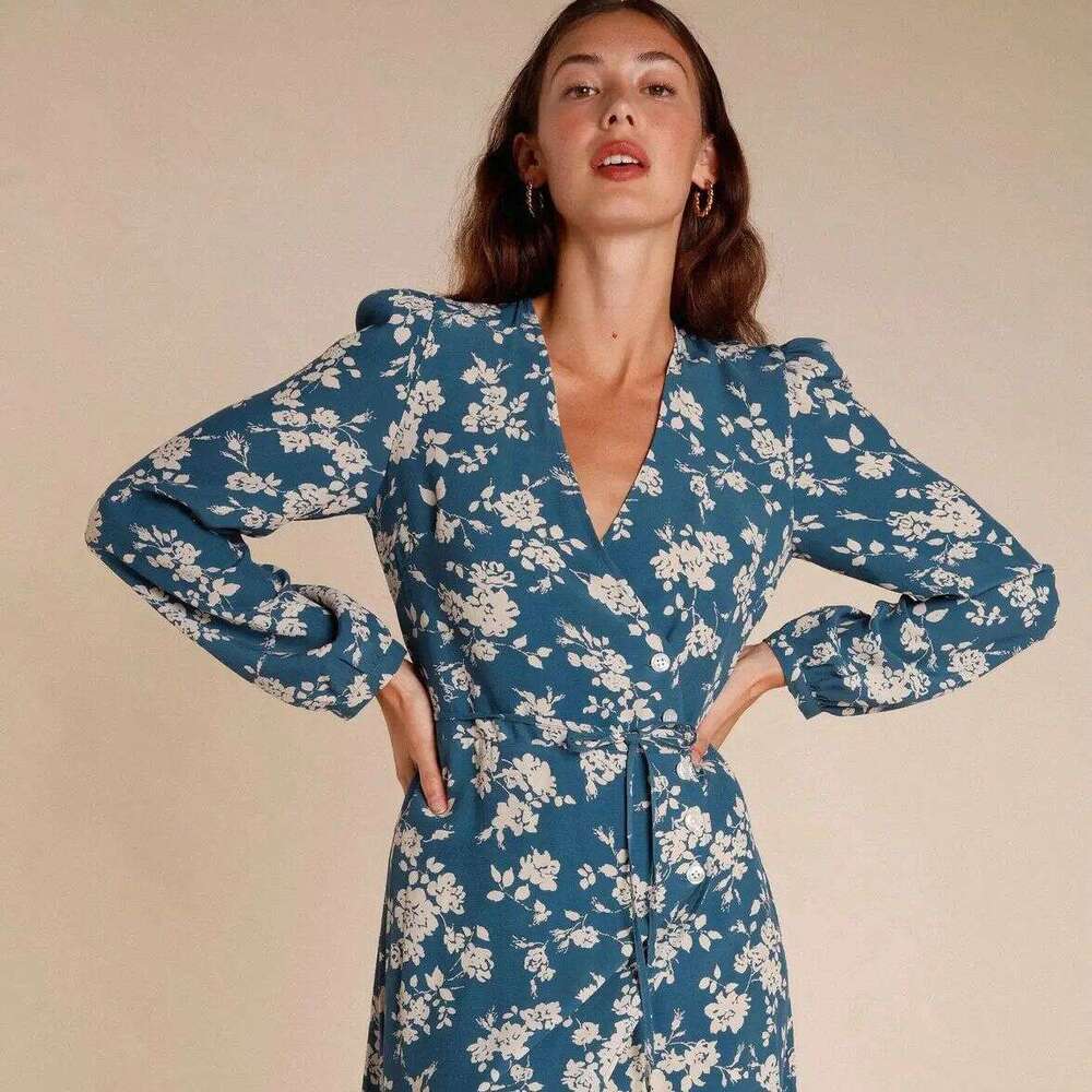 Luxury Dress Womens Dress Partydress 515#autumn New 2025 Printed V-neck Long Sleeve Mid-length French Tea Dress for Women