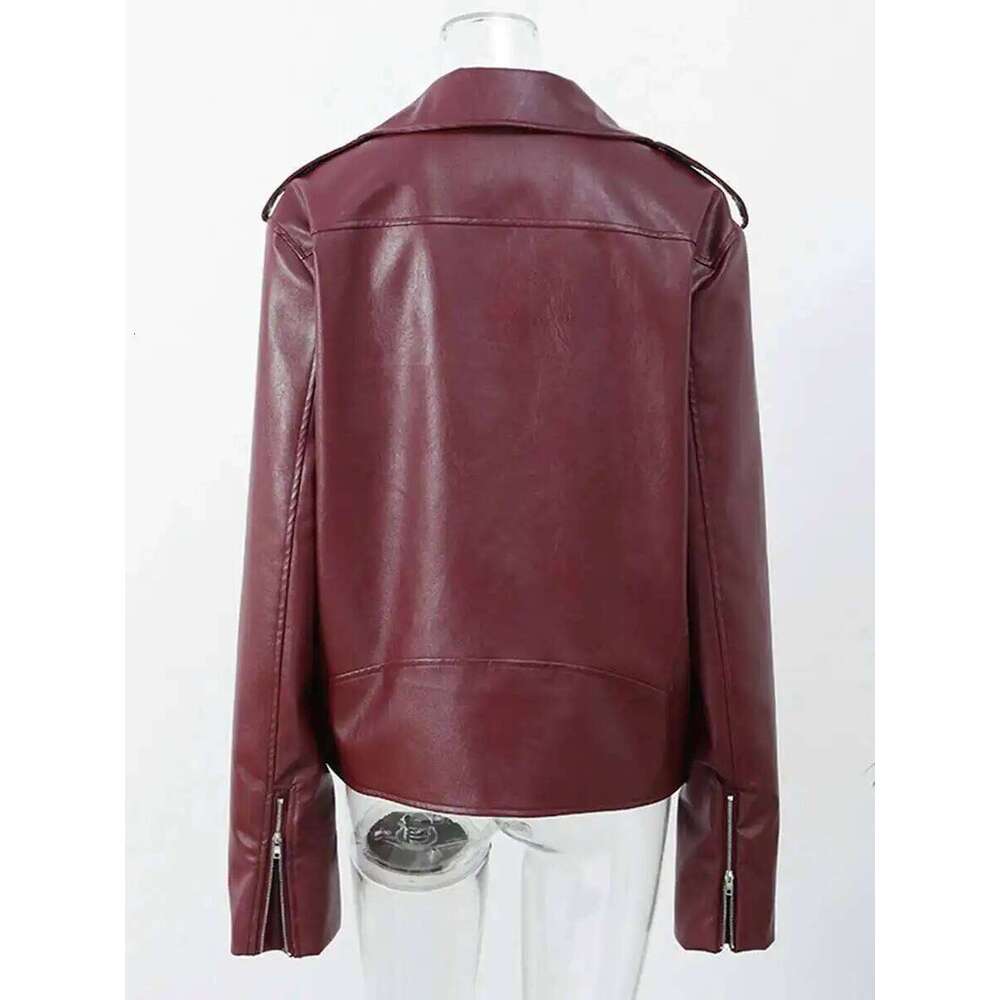 KWTX Solid Splicing Pocket For Women Flip Collar Long Sleeve Designer Leather Jacket Women's Fashion New