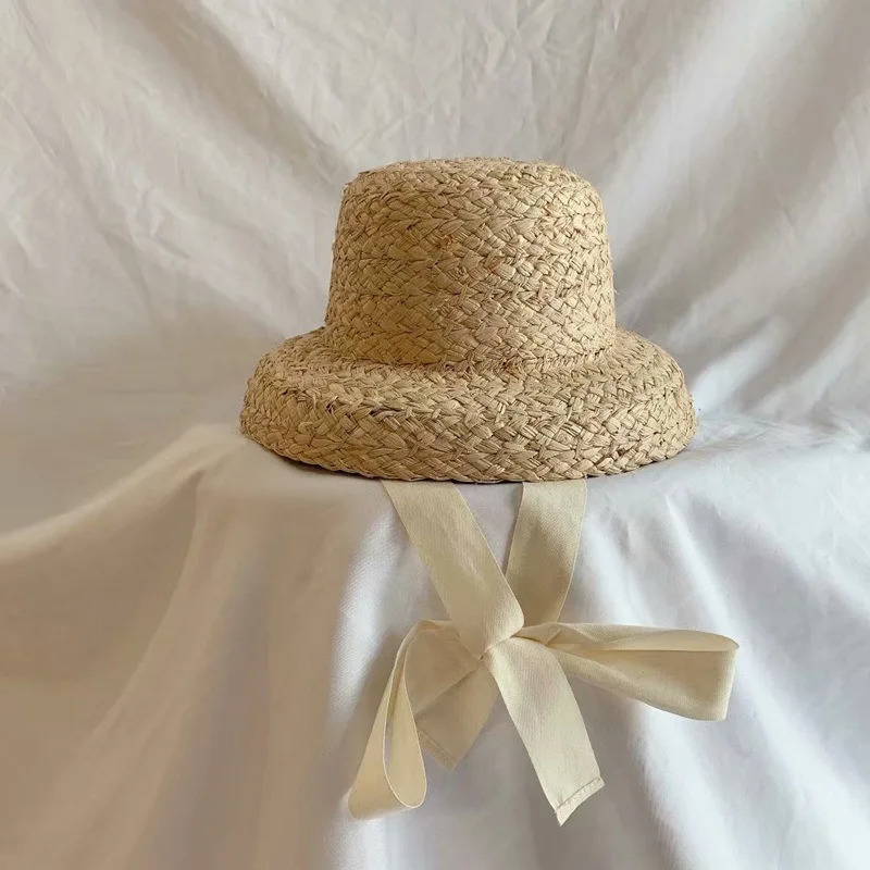 Hand-knitted Sun Hats Raffia Retro Summer Travel Sunscreen Beach Vacation Straw Hat with Lacing for Children Adult Holidays 250616