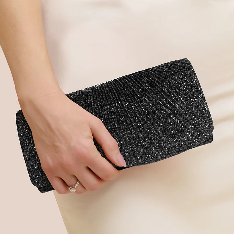 Women Fold Glitter Handbag Shiny Envelope Evening Bag Ladies Pleated Silver Clutch Chain Wedding Party Mini Long Purse XA12ZD 250614