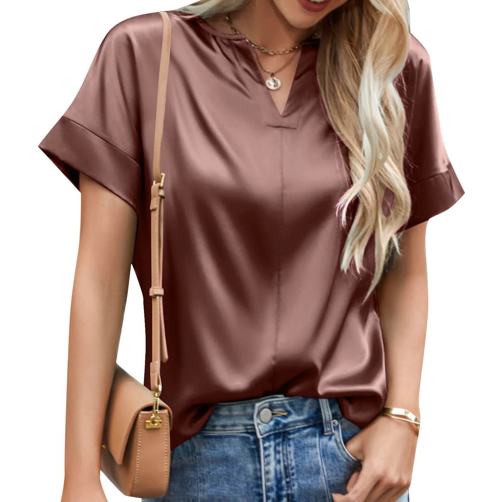 Active Long Sleeve Tops European And Foreign Trade Womens Spring Summer Top Satin Solid Color V Neck Short 4x T Shirt 250614