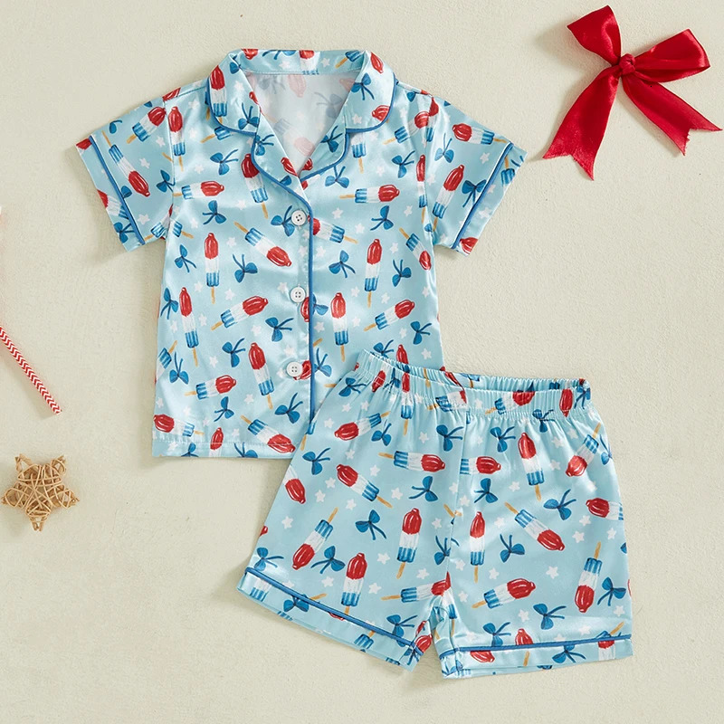 Women s American Flag Print Pajama Set with Bow Detail and Button-Up Shirt Short Sleeves and Elastic Waist Shorts for 250617