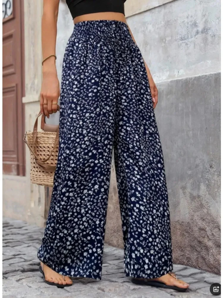 Plus Size 1XL5XL Women Sequined Print Wide Leg Pants Female Casual Elegant Drawstring High Waisted Loose Long Trousers 250609