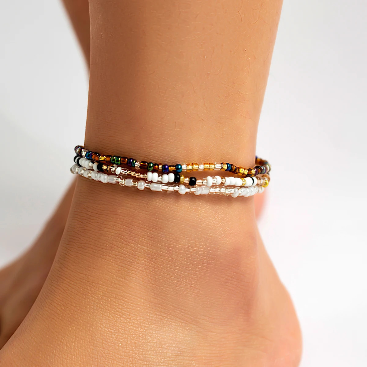 IngeSightZ Bohemian 3pcsset Multicolor Beaded Anklet Handmade Elastic Bracelet On The Leg Foot Summer Beach Jewelry 250606