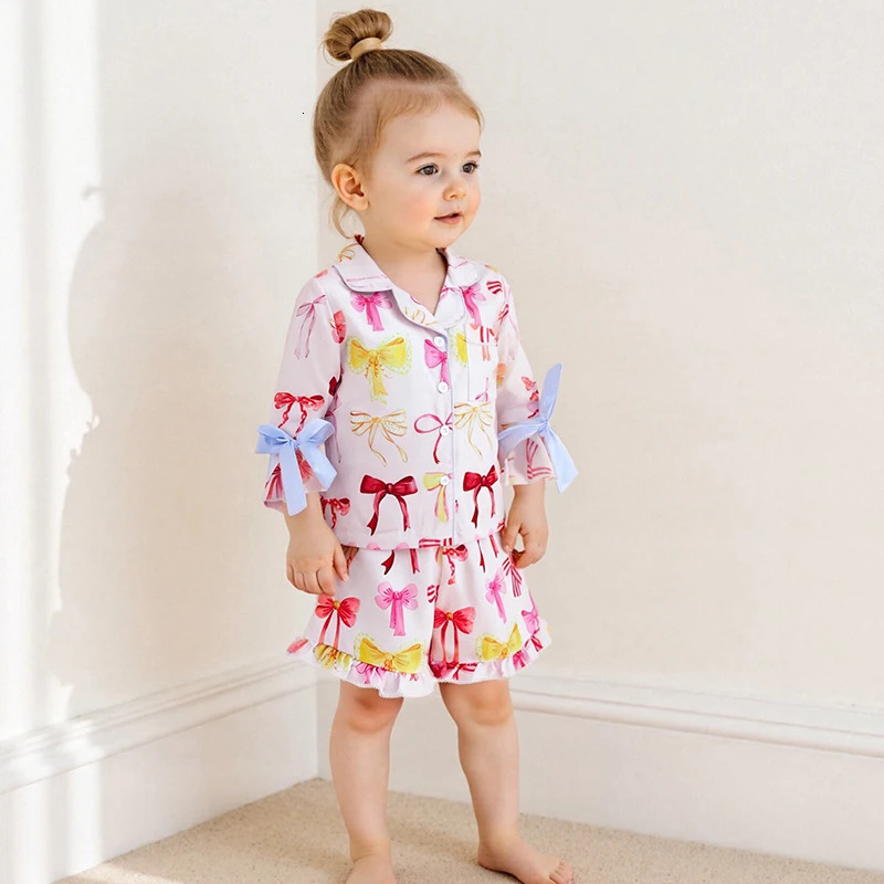 Pudcoco Kid Girl Summer Pajamas Set Bow Print Long Sleeve Button Down Tops with Ruffled Shorts Sleepwear 1-8T 250617