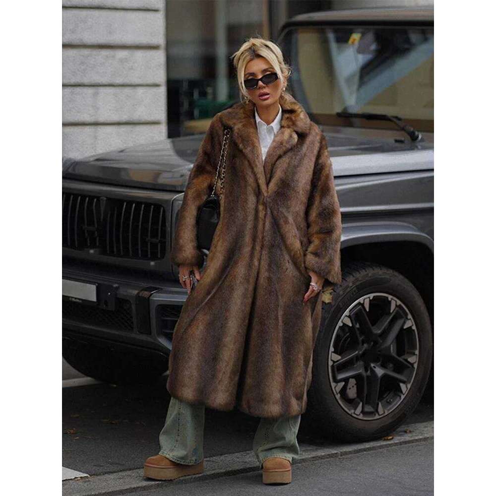 Vintage Lapel Faux Fur Long Women Loose Plush Single-Breasted Thick Coats Winter Warm Chic High Street Outwear