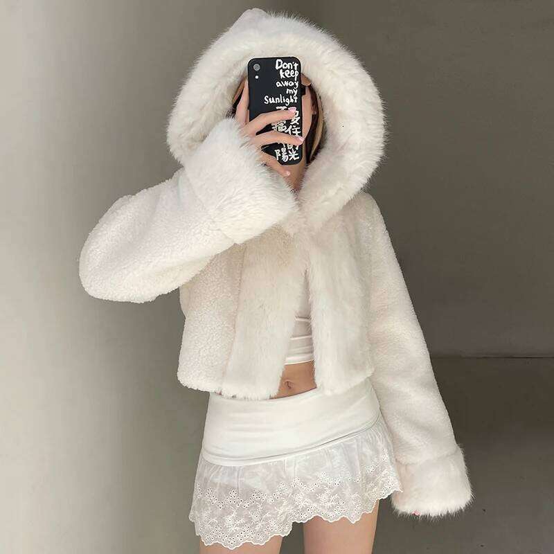 HEYounGIRL Faux Fur Hooded Coat Women Fashion High Street Fluffy White Snow Jacket Winter Warm Slim Outwear Stylish Lady Outfits