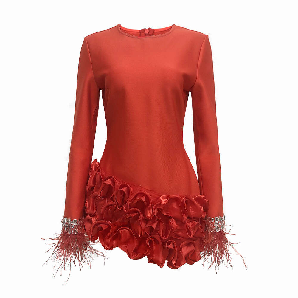 Autumn Winter New French Hepburn Style Layered Ruffle Irregular Long Sleeve Black Bandage Dress