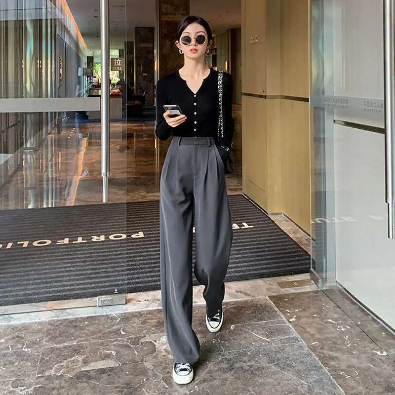 Clothing Buttons Trousers Woman Tailoring Womens Pants Wide Leg Baggy Work Office Solid Loose Slacks High Quality All Medium 90s
