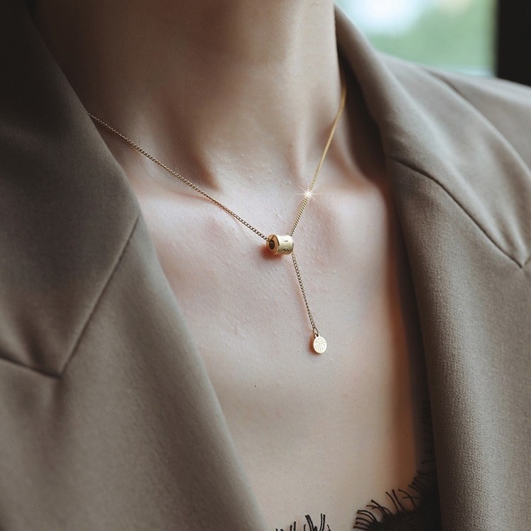 National Style Fashion Light Cylindrical Fu Character Necklace for Women Gold Color Titanium Steel Personality Non-Fading Jewelry