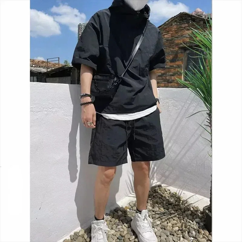 Summer Cargo Style Set Mens Casual Hooded Solid Short Sleeve T-shirt Shorts Loose Fashion High Quality Handsome Sweatshirt Suit 250616
