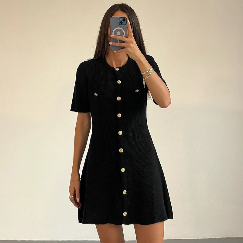 White Elegant Knitted Mini Dress For Women Metal Button Sexy Slim Rib Sweater Dress Holiday Party Outfits Autumn 250616
