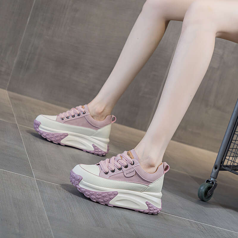 Leather Surface Platform Dad For Women, Autumn 2025 New New Lightweight Hidden Heel Casual Sneakers, Thick Sole Single Shoes