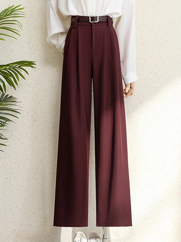 Spring 2025 Burgundy Suits Pants for Women Office Lady Elegant High Waist Wide Leg Fashion Trousers with Pockets Black Gray 250616