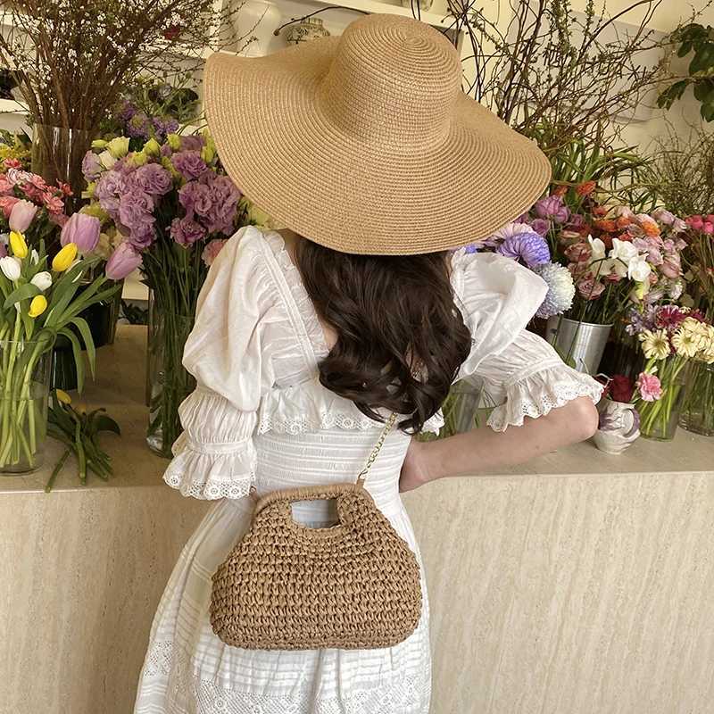 MOODS Raffia Straw Fabric Woven Top-handle Bag And Hat Set For Women Chain Shoulder Crossbody Bag 2025 Summer New Beach Handbags Z250617