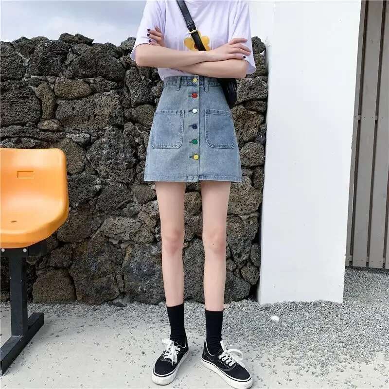 Woman Denim Skirt Short with Pocket Y2k Vintage Korean Fashion Chic and Elegant Clothing Sales High Waist Jeans Skirts for Women
