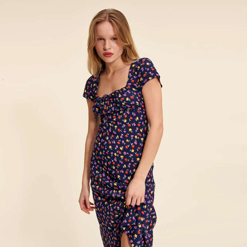 June Vestidos Devise Maxi Dress Vestido N643 Spring Summer 2025 Square Neck Printed Short Sleeve Mid-length Asymmetrical Cut French Dress