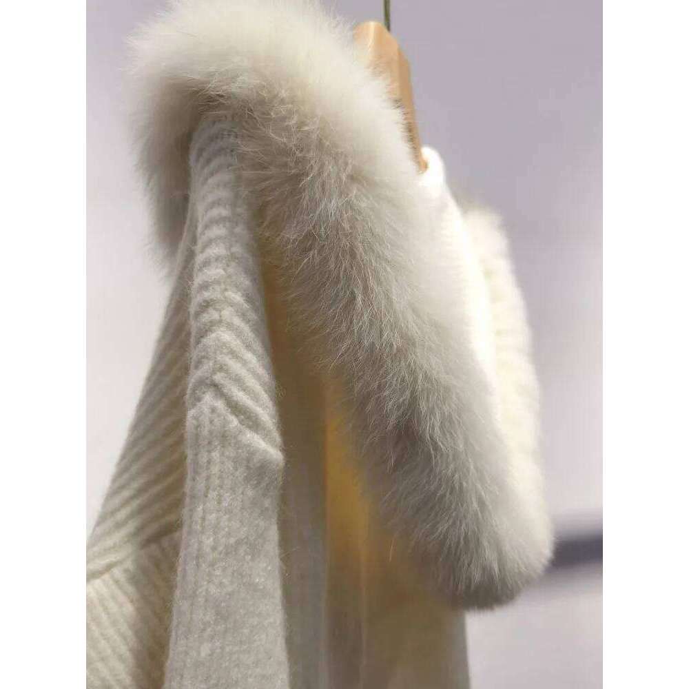 Autumn Winter New Women Knitted Jacket Elegant Ladies Real Fox Fur Collar Hooded Coat Single Breasted Slim Fit Knitwear Cardigan